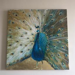 Hand painted Beautiful canvas with very nice sharp colours, has sequins on the feathers and in very good condition