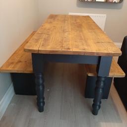 A one off. Unique contemporary farm house style table with bench seating. Reluctantly selling due to new house decor. Length 183cm L x 77cm D x 78cm height. Both benches slide snugly under table minimising space. Seats 6-8