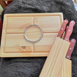 BRAND NEW
Wooden board for standing hot pans and a set of knifes in a holder.
No longer required.