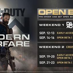 For Sale: Call of Duty: Modern Warfare Early Access BETA Codes (Multi-platform)

Works for PlayStation 4, Xbox One and PC.

Details:

Weekend 1: PlayStation Exclusive:
Sep. 12-13: Early Access (PS4)
Sep. 14-16: Open Beta (PS4)

Weekend 2: Open to all Platforms:
Sep. 19-20: Early Access (XBOX + PC) Open Beta (PS4)
Sep. 21-23: Open Beta (All Platforms)

Any questions, please ask.