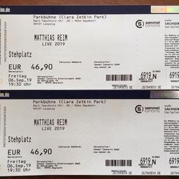 2 Karten für das Matthias Reim Konzert
am 06.09.2019
um 19:30 Uhr
im Clara Zetkin Park Leipzig 
Originalpreis: 46,90€ je Ticket