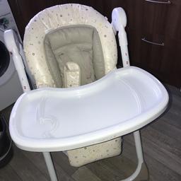 Teddy’s toy box high chair in great condition only had it couple months and not used much reclines and can be made lower and higher as shown in pictures