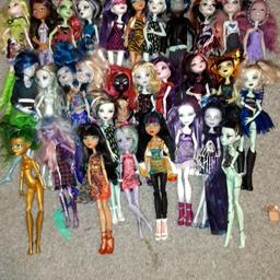 about £200 worth of monster high dolls including accessories. includes monster high cafe and dollhouse set. all in good condition apart from 6 with missing hands. 34 dolls including 2 large ones. also includes car and bikes, open to offers