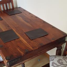 Hi
I've got for sale Indian woodrose table with 4 chairs. Is in very good condition .
Lenght 150 cm(59 inch)
Width 90cm (35.5 inch)
Height 77cm (30 inch )
 I'm moving house soon so need gone ASAP.