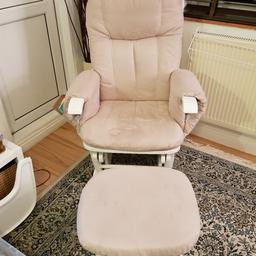 Tutti Bambini gliding nursing chair in good condition. White frame and beige cushions. Very comfortable. Both chair and stool glide. Small marks on the seat however could easily be cleaned. Collection only