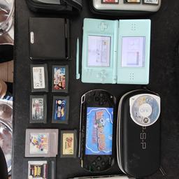 Black psp. Protective case, 2 chargers 1 game worms 1 movie bewitched. White psp crack screen and no battery. Nintendo ds light. 2 chargers, 6 games, silver case, game holder. Nintendo game boy advanced sp. No charger 5 games and carry case. 2 game boy games can be played on gb advanced. Not used anymore