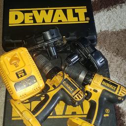 Hi there, Heres a Quick sale!!!
I'm selling both of my dewalt drills. 
You get 
2x Drills DC 725& Dc727 models
1x Battery,
1x battery With the second battery when Charging light flashing fast not charging!
1x Charger. 
1x Dewalt Hard case.
The charger sometimes flashes fast and not charging the batteries
. Just upgraded and dont need these any more.
Any questions pls ask. 
Pick up from E9 area Hackney.
Cash on collection.
