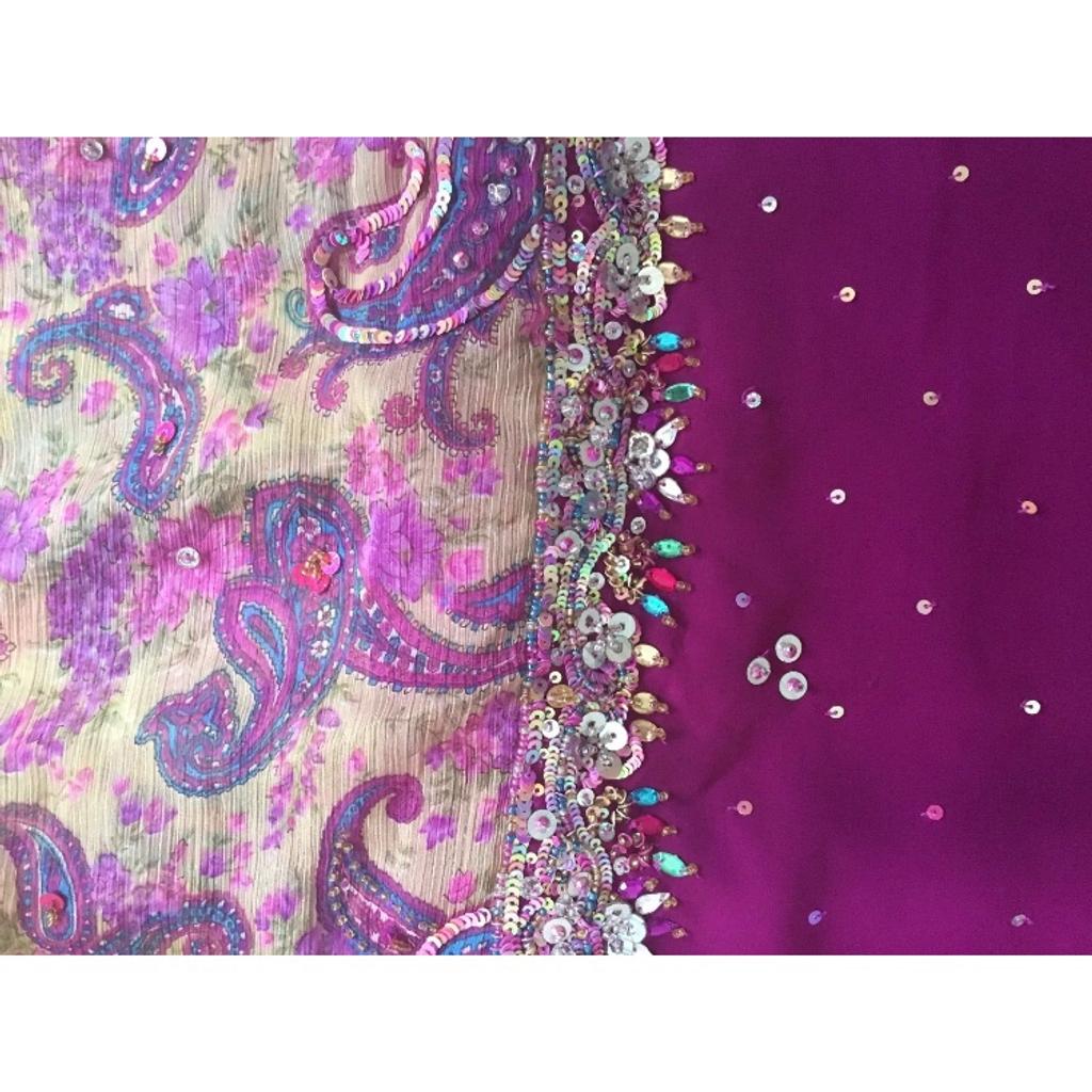 Worn once, half print half block colour saree. Beautifully Embellished with sequences & beads. Comes with 2 blouses