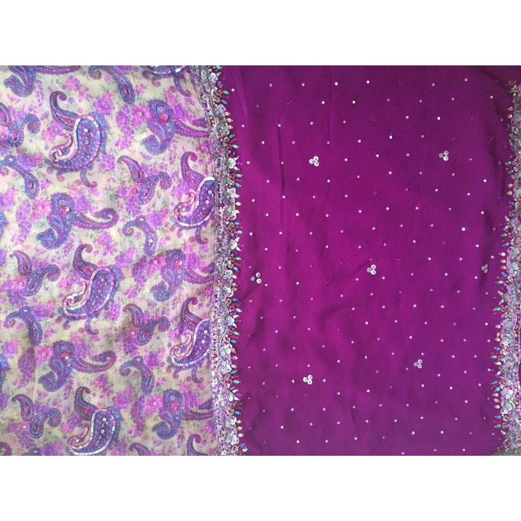 Worn once, half print half block colour saree. Beautifully Embellished with sequences & beads. Comes with 2 blouses