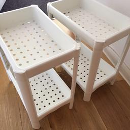 2 small white shelf units from IKEA, perfect for storage. They are detachable so can be taken apart. 
Size: 36x23x40 cm
Excellent condition. 
Collect from Forest Hill