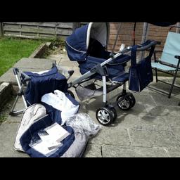 The pram is In a used condition you can use the sleeping basket in a car as a car seat and you can attach it with the pram.
 1 side wheel break clip is broken but the other side wheel break is fine to use everything you can see In the picture comes with the pram.