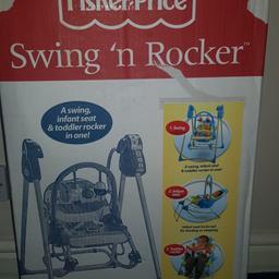 A swing, Infant and toddler rocker all in one!
a perfect item for your baby to have fun in and relax
*The swing has two speeds and five songs to soothe and entertain*
instructions to set up this item are displayed on the box
Packaging is not great due to this item being used before
however it has only been used for a week.
all Parts are included
Thanks for viewing👍