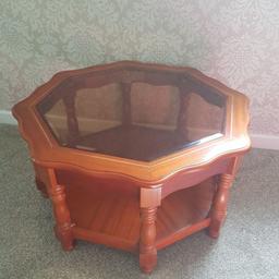 solid wood glass table, minor marks no scratches on glass.
 In good condition.

Collection only.