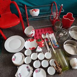 Excellent Condition

10 cups and saucers
4 large dinner plates
6 medium plates
4 small plates
4 bowls with a matching plate
2 pots
1 red vase
1 small vase
1 dish dryer
1 utensil holder
1 strawberry sugar pot
1 water jug
1 display item
1 mug holder
3 kitchen utensils
packet of knives
2 silicone moulds
Tissue roll holder

Great Bargain
Collection Only