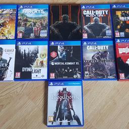 All in perfect condition.

Individual Prices:

Dragonball FighterZ - £15
FarCry 5 - £15
COD Black Ops 3 with SteelBook - £10
COD Black Ops 4 - £20
Witcher 3 with bonus content - £15
Dying Light - £10
Mortal Kombat XL - £15
COD Advanced Warfare - £5
Wolfenstein Welcome to America - £15
Bloodborne - £10

Or everything for £110. Grab yourself a bargain!

For collection or postage.

Thank you.