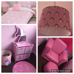 Glow in the dark unicorn Rug & Single bedding set. Unicorn Mirror, Clock, Lightshade, wash basket & draw/box unit. Pink Armchair & footstool. 

Will not sell separate selling as a bundle.