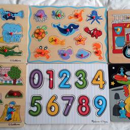 6 x wooden puzzles (safari animals, farm, sea creatures, fire engine, space, numbers)

In very good condition & all pieces included
Pick up from West Kirby (CH48)