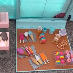 Our generation doll icecream van 
Brought it brand new 2yrs ago 
All lights and music works 
Few bits missing or incomplete 
But lots of it is there and extra can be purchased from Ebay see pictures to see what's there.
£45 ovno no silly offers please