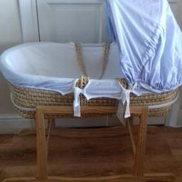 lovely blue and white moses basket with rocking stand

smoke free home

no mattress as recommended by health professionals you buy new for baby.

has all been taken apart and freshly washed