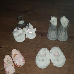 Ted Baker pink shoes, 0-3 months. Worn twice.
White Mothercare shoes, 6-9 months NEW
White unicorn slippers, 6-9 months. Worn once.
Grey boots, 6-9 months. NEW