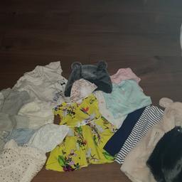 Ted Baker yellow dress, 3 x vests, 2 x leggings, 2 fluffy body warmers, 4 x hats, white top, grey dress and cardigan, blue pants, white&gold playsuit and hat.

Size 3-6 months
Used
Smoke and pet free home
Collection only