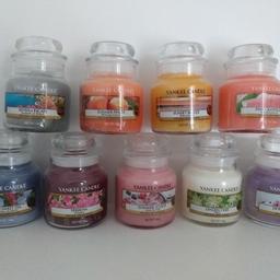 9 yankee candles all brand new, used for show. 
havent been lit. 

Garden sweet pea
Verbena
Sunset breeze
Summer scoop
Riviera escape
Linden tree
Summer peach
Pink grapefruit
Honey blossom

on Amazon they range from £9 each
Can do separate for £6 each or all 9 for £40