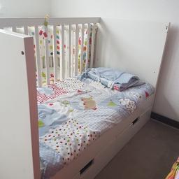 White cot bed in good condition, and mattress in great clean condition ( very comfortable)
The fourth side is available to make as a cot for babies and younger toddlers.