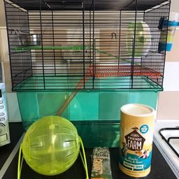 Gerbil cage with accessories
Food bowl
Water bottle
Wheel fixed to cage or on a stand
Sand for sand baths
Chew stick
Plus an extra ball either use on the floor or on the stand
Also have coconut hideaway pod
With small pet carrier in other pic 
£35 for the whole lot no offers