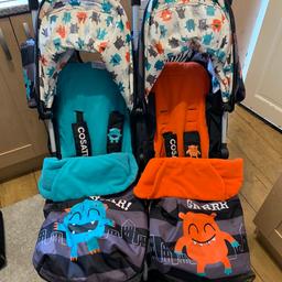 In very good condition
Some wear to foam handles
Comes with raincover, both footmuffs, insulated bottle holders.
Has tablet holders integrated in both hoods to keep children occupied.
£500 new
Need gone out the way
