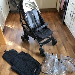Stroller with original foot muff, bar, and rain cover used but great condition no longer needed