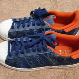 Adidas Orginal Superstars 
• Colour - blue/orange 
• Size 8.
(Only worn Twice)