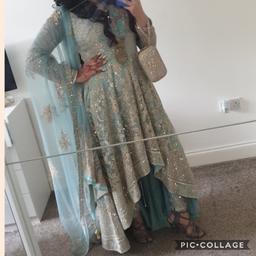 light blue dress with short front and long tail at the back also including trousers and heavy scarf/dupata
with gold embroidery
perfect for someone 5'3 with heels
size 6/8 and space for adjustments
only worn once and is in new condition
new design