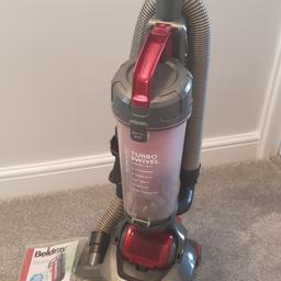 3 months old as a temporary buy
no longer required 
very good Suction 
still under warranty for 3 years 
brand is beldray 
lightweight and it turns like a dyson ball
spot on for the money 

50 quid