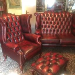 2 seater settee, armchair and footstool in oxblood leather. The only reason we are selling is that it no longer fits in with new decor