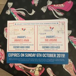 Won a voucher for use in Southampton by Sunday 6th October. Collection only.
Worth £24
2 pizzas medium with 4 toppings each
Pizza garlic bread
Wedges
Soft drink
Voucher collection from Basingstoke anytime  or from Southampton uni Thursday 3rd October