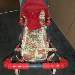 hardly used turns into a push chair removable carrier & changing bag red & blue teddy patchwork design