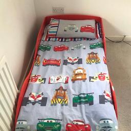 ***REDUCED FOR QUICK SALE***
-In very good and clean condition

Comes with:
-‘The Cars‘ bedding set
-Toddler duvet
-Waterproof mattress
(All the above in excellent condition)

-Mattress has a waterproof side which easily absorbs liquid
-Mattress cover is machine washable
-Double sided bedding set
-Bedding set and mattress cover washed and ready to use

Size of bed:
Width: 150 cm
Depth: 75 cm
Height: 37 cm

From a pet free and smoke free environment
Collection only from Halifax