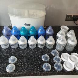Tommee tippee electric steriliser - used good condition. 
5 x brand new large bottles with size 1 teats
5 x brand new lids
3 x  new size 1 teats and 2 x size 3 teats
2 x used vari flow teats 
6 x used small bottles with size 1 teats 
6 x used blue large bottles with vari flow teats 

Collection Ashford