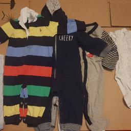 Clothes bundle includes
5 vests
4 sleep suits
1 dungaree
6 tops
1 cardigan
1 hat
1 shorts suit
All very good condition no marks, includes makes like Ralph Lauren and Mothercare some not even worn, please message with any questions I can deliver. Also have other bundles 0-3, 3-6 and 9-12