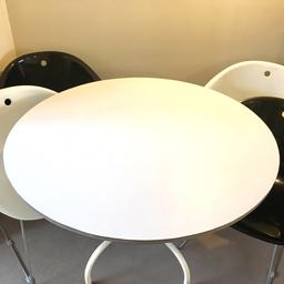 Modern designer dining chairs. Comfortable plastic shell with chrome legs.
Overall dimensions: H75, W58, D50cm.
Shell heigth: 35cm.
2 white, 2 black

Table is not the same style but they work well together.

Table diameter is: 101cm, heigth: 71cm.

They are all in used but good condition with scratch and wear marks here and there. (You can only see them from very close).

From a pet and smoke free home.
Collection only.

Open for reasonable offers.