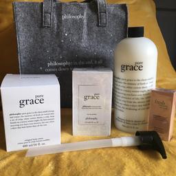 Pure Grace collection brand new set includes
Body cream 480ml
Perfume 120ml
Shower, body , hair wash, 946ml with pump attachment
Small perfume 15ml
Contents worth over £100 on QVC 
Collection only