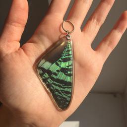 Real sunset moth wing incased in resin
Bought from Etsy shop where the butterflies were ethically sourced, they would only use butterflies from butterfly preservation farms  that have naturally died.

Beautiful and unique piece of jewellery