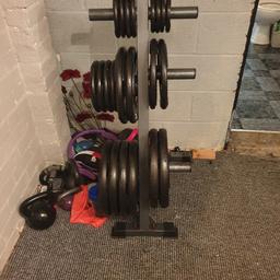 215kg free weights (olympic)
weight tree
bench with leg curl,ext
Rack for squat, dip and press.
preacher dec
kettlebells 22,18,12kg