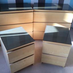 Hi selling 2 sets of ikea Maln bedrooms drawers and 2 matching bedside cabinets, all in very good condition, and including smoked glass tops for each. All are in a light oak effect finish, I may be able to deliver, subject to location and logistics, for petrol charge, so take a look, and don’t miss out on a bedroom refurb opportunity! Thank you for viewing.