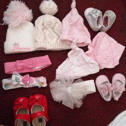 5 baby hats 3 pairs of shoes 3 beautiful headbands and 2 teddies none been used apart from red shoes and they are in good condition