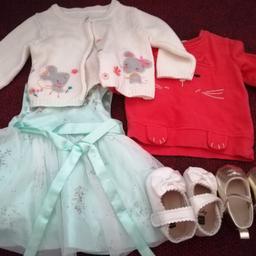 Baby dress 0.3 shoes 0.3 and 3.6 2 jumpers 3.6