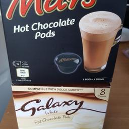 hot chocolate pods one box is galaxy white chocolate and other mars. used 2 from each box but we aren't keen on them so shame to just throw them away. 6 drinks worth still left compatible with dolce gusto.