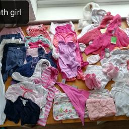 0-3 months,  massive bundle,  great condition including some new with tags. 

John Lewis,  mothercare,  

Gro bag
Night shirts
Baby grows
Jumpers
Cardigans
Swimsuits
Booties
Mittens
Hat with scarf
Muslin
Shoulder bibs
Tights
Vests
Raincoat

Lots of items.