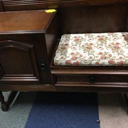 Old Oak Telephone table & seat with original seat cushion. In good condition.  Collection only.
