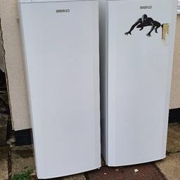 For sale I have one tall fridge freeze and one tall fridge all in working order. Two of the container for the freezer are damaged but still does the job. Only selling due to upgrading to a American fridge. £100 ono for both